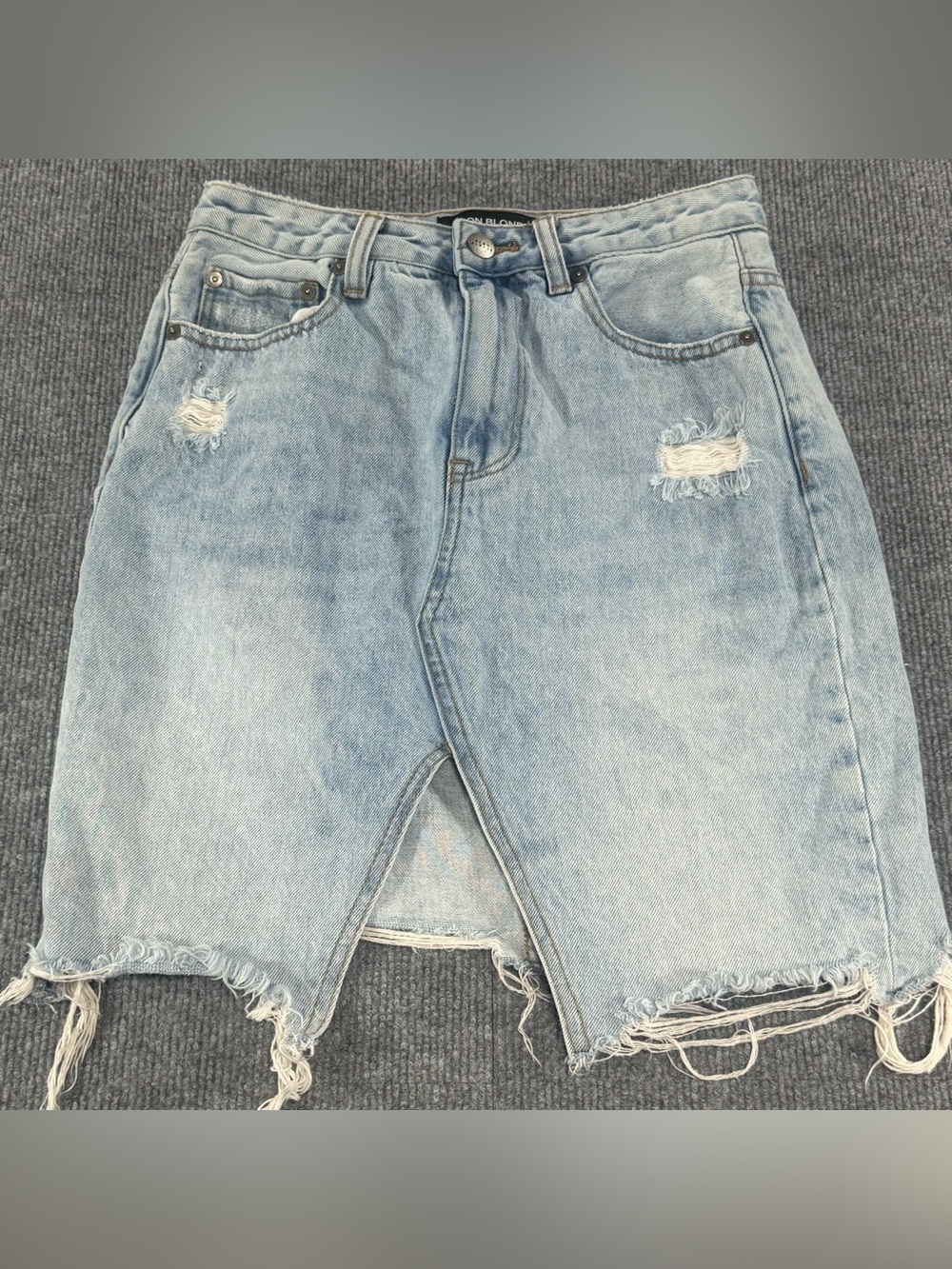 Neon Blonde Distressed Denim Skirt 25 Split Raw Frayed Hem Revolve Festival Y2K